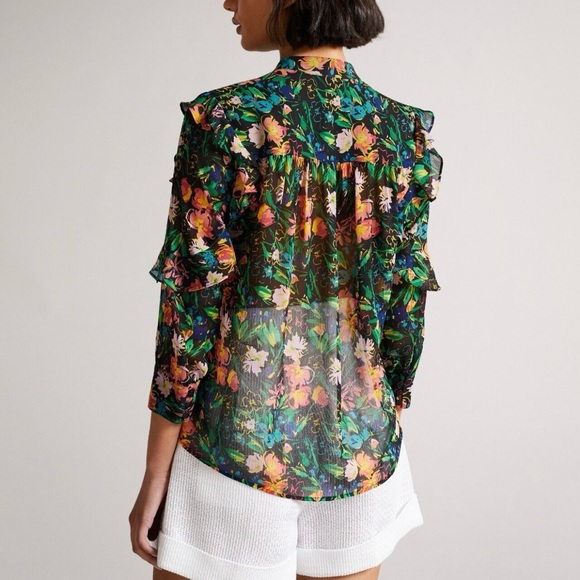 Ted Baker Carita Multi-Colour Floral Ruffle Sleeve Blouse, Size 12 - Picture 3 of 16